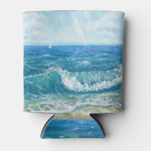Zomer zeegezicht, blauwe golven, acryl schilderen. blikjeskoeler