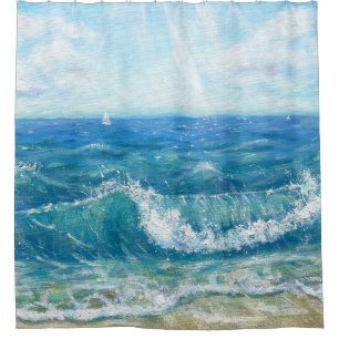 Zomer zeegezicht, blauwe golven, acryl schilderen. douchegordijn