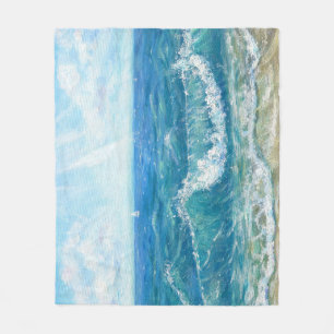Zomer zeegezicht, blauwe golven, acryl schilderen. fleece deken