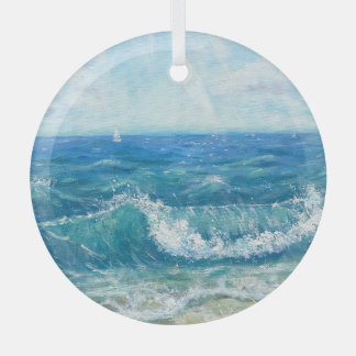 Zomer zeegezicht, blauwe golven, acryl schilderen. glas ornament