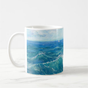 Zomer zeegezicht, blauwe golven, acryl schilderen. koffiemok