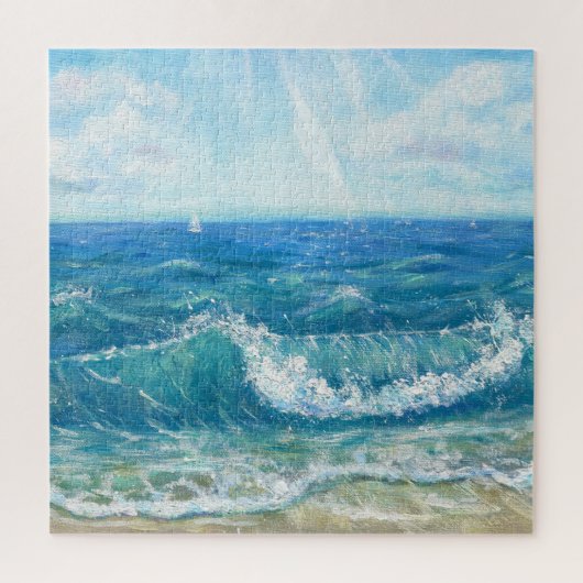 Zomer zeegezicht, blauwe golven, acryl schilderen. legpuzzel (Verticaal)