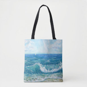 Zomer zeegezicht, blauwe golven, acryl schilderen. tote bag
