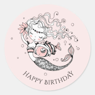 Zomer Zeemeermin Meisjes Verjaardag Roze Ronde Sticker