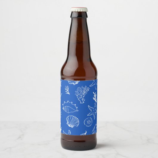 Zomer Zeeschelpen Frame Strand Bruiloft Blauw Bier Etiket (Voorkant)