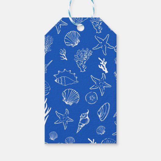 Zomer Zeeschelpen Frame Strand Bruiloft Blauw Cadeaulabel (Voorkant)