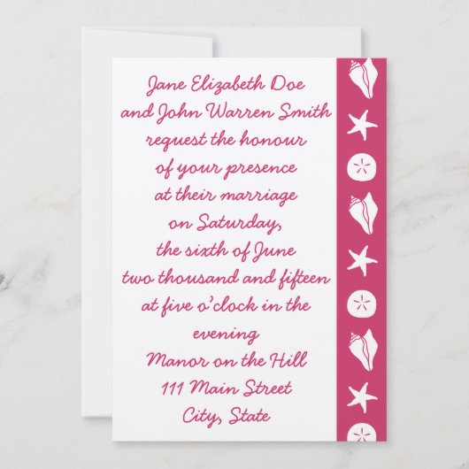 Zomer zeeschelpen in Raspberry bruiloft uitnodigin Kaart (Voorkant)