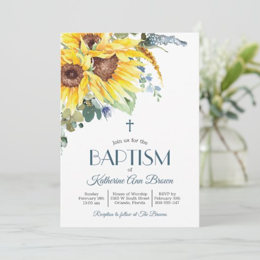 Zomer Zonnebloem Baptisme Uitnodiging (Staand voorkant)