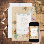 Zomer Zonnebloem Bloemen Bruiloft Save The Date<br><div class="desc">Dit sparen het datumkaartontwerp kenmerkt een prachtig lijst van zachte waterverf zonnebloemen en andere zomerbloemen op een zachte,  geel gekleurde achtergrond. Het is romantisch met een aanraking van vintage. Creëer door Simply Farmhouse Press,  maakt het deel uit van de  Sunflower Floral Wedding Suite met kaarten.</div>