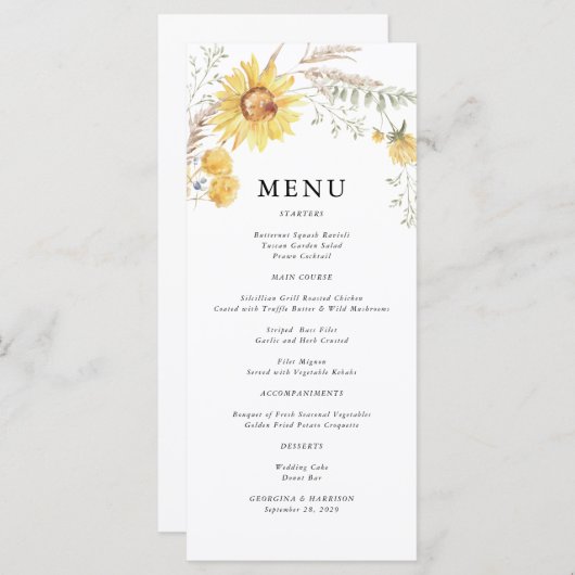 Zomer Zonnebloem bruiloft Menu (Voorkant / Achterkant)