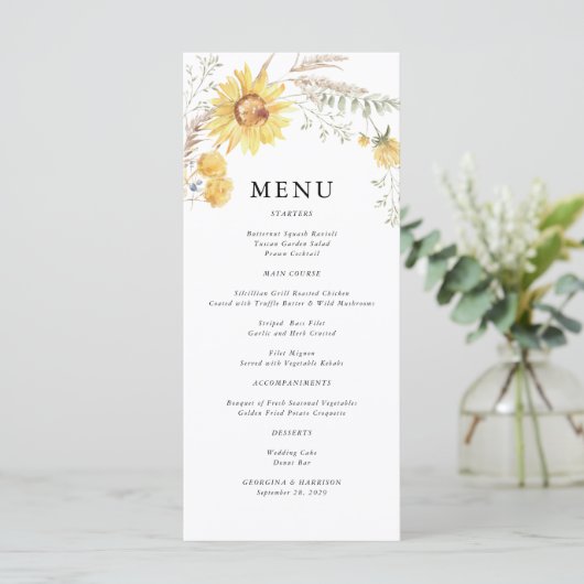 Zomer Zonnebloem bruiloft Menu (Staand voorkant)