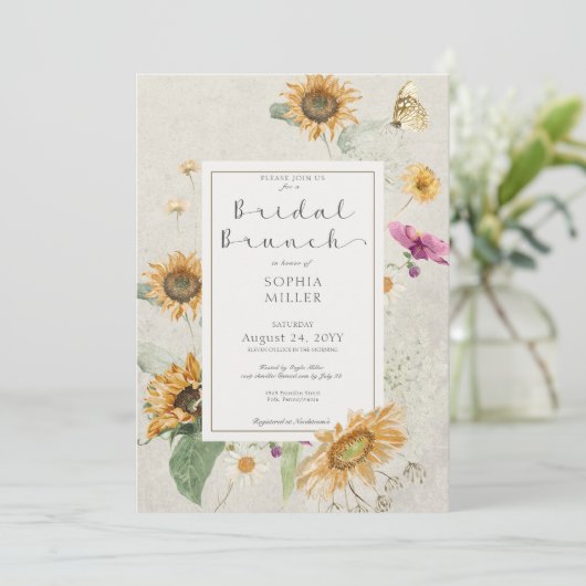  Zomer Zonnebloem Cream Bridal Brunch Kaart (Staand voorkant)