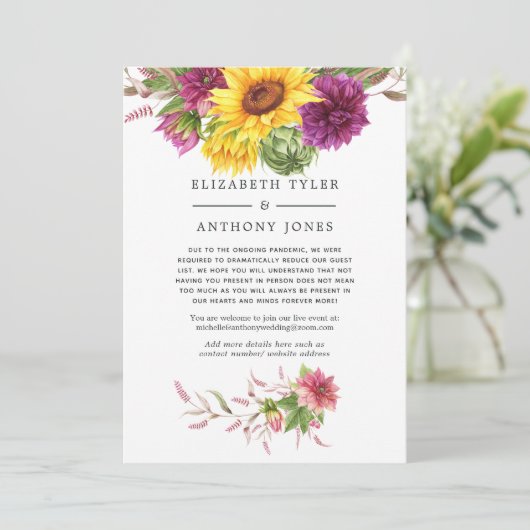 Zomer Zonnebloem Gereduceerde Trouwgastenlijst Aankondiging (Staand voorkant)