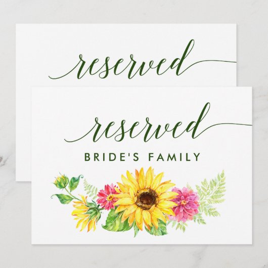 Zomer Zonnebloem Gereserveerd Bord Kaart (Voorkant / Achterkant)
