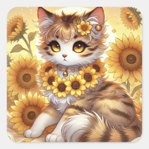 Zomer Zonnebloem Tabby Princess Cat Vierkante Sticker