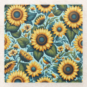 Zomer/zonnebloem/vogel Glazen Onderzetter