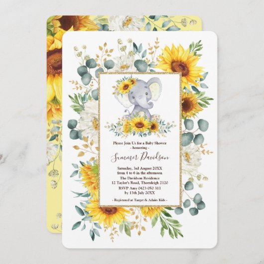 Zomer Zonnebloemen Elephant Greenery Baby shower Kaart (Voorkant / Achterkant)