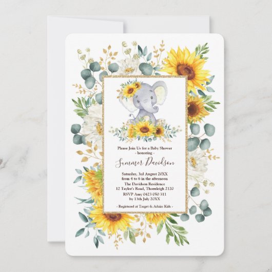 Zomer Zonnebloemen Elephant Greenery Baby shower Kaart (Voorkant)