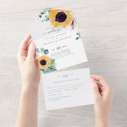 Zomer Zonnebloemen Eucalyptus Greenery Wedding All In One Uitnodiging (Afscheurbaar)