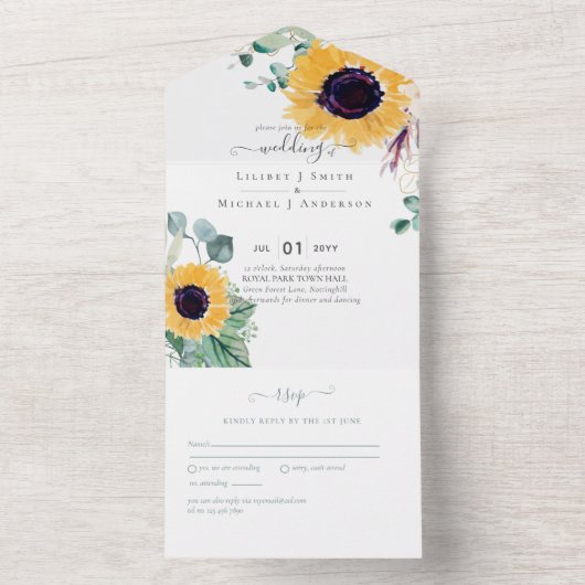 Zomer Zonnebloemen Eucalyptus Greenery Wedding All In One Uitnodiging (Binnen)