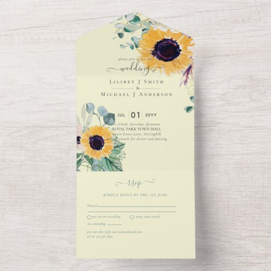 Zomer Zonnebloemen Eucalyptus Greenery Wedding All In One Uitnodiging (Binnen)