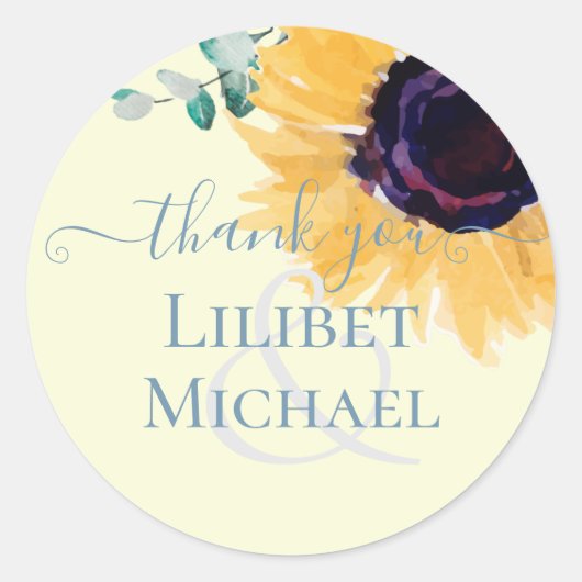 Zomer Zonnebloemen Eucalyptus Greenery Wedding Ronde Sticker (Voorkant)