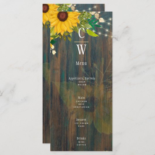 Zomer Zonnebloemen Rustic Wood Wedding Menu (Voorkant / Achterkant)