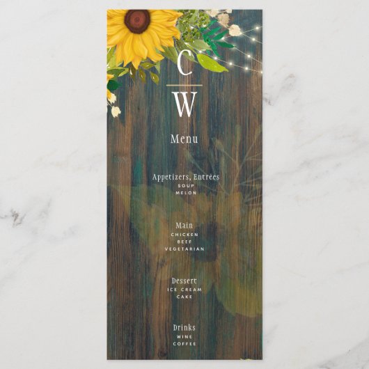 Zomer Zonnebloemen Rustic Wood Wedding Menu (Voorkant)