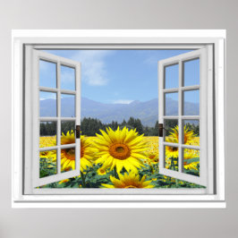 Zomer Zonnebloemen Tuin Uitzicht Nep Raam Poster
