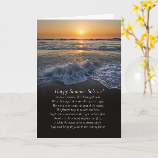 Zomer Zonnewende Oceaan en strand met golven Gedic Kaart (Gele Bloem)