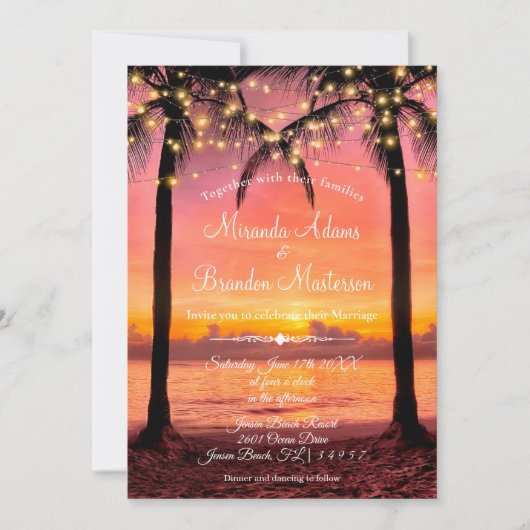 Zomer Zonsondergang Tropisch Strand Bruiloft Kaart (Voorkant)
