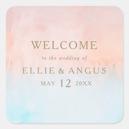 Zomer Zonsondergang Waterverf Bruiloft Welkom Vierkante Sticker (Voorkant)