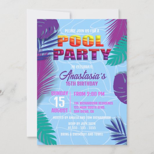 Zomer Zwembad Feest 16e Verjaardag Viering Kaart (Voorkant)
