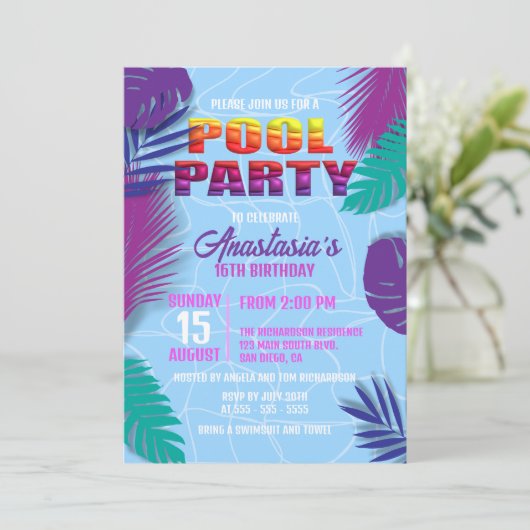 Zomer Zwembad Feest 16e Verjaardag Viering Kaart (Staand voorkant)