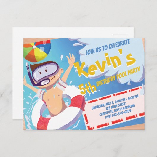 Zomer Zwembad Feest Verjaardagsuitnodiging Briefkaart (Voorkant / Achterkant)