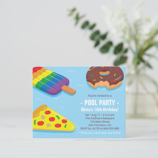 Zomer Zwembad Floats Verjaardagsfeest Uitnodiginge Kaart (Staand voorkant)