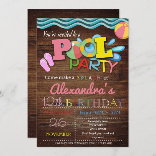 ZOMER ZWEMBAD PARTY UITNODIGING (Voorkant / Achterkant)