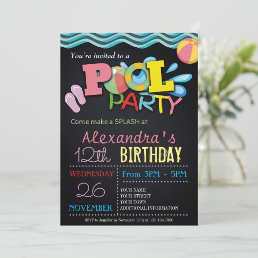 ZOMER ZWEMBAD PARTY UITNODIGING | ZWEMBAD VERJAARD (Staand voorkant)