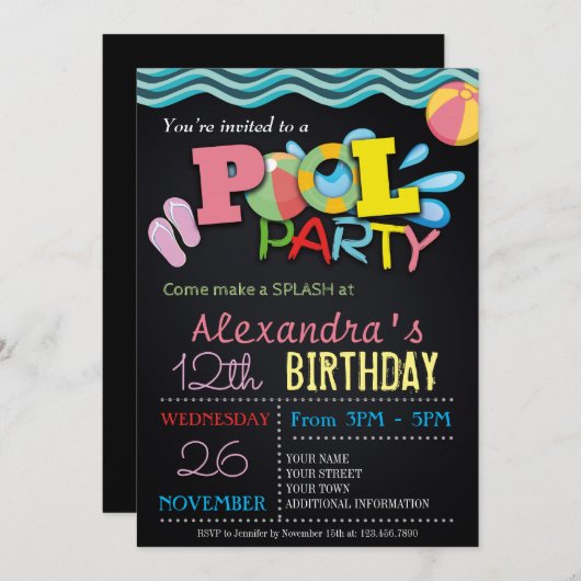 ZOMER ZWEMBAD PARTY UITNODIGING | ZWEMBAD VERJAARD (Voorkant / Achterkant)
