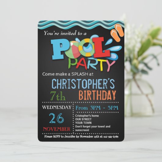 ZOMER ZWEMBAD PARTY UITNODIGING | ZWEMBAD VERJAARD (Staand voorkant)