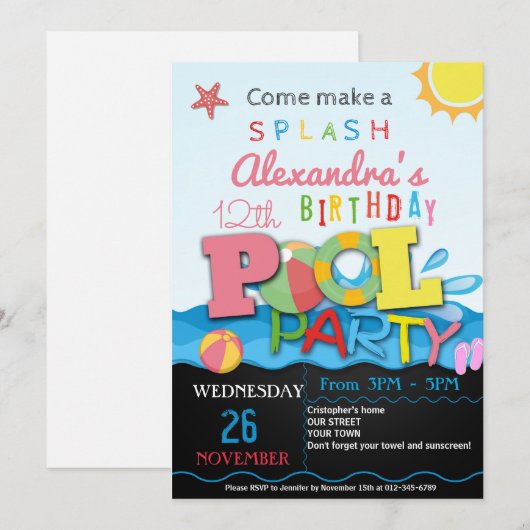 ZOMER ZWEMBAD PARTY UITNODIGING | ZWEMBAD VERJAARD (Voorkant / Achterkant)