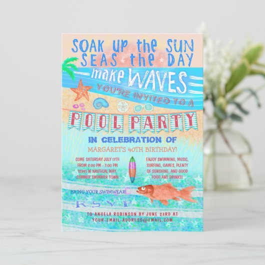 Zomer Zwembad Party Zwemplezier Zee Vis en strand Kaart (Staand voorkant)