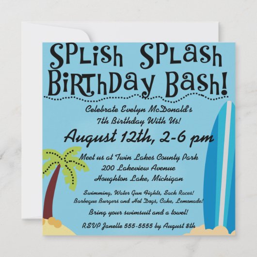Zomer Zwembad Strand Verjaardag Uitnodigingen (Achterkant)