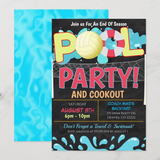 Zomer Zwembad Volleybal Feest Uitnodiging (Voorkant / Achterkant)
