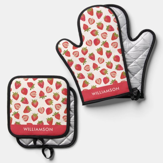 Zomeraardbeipatroon Ovenwant & Pannenlap Set (Voorkant / Achterkant)