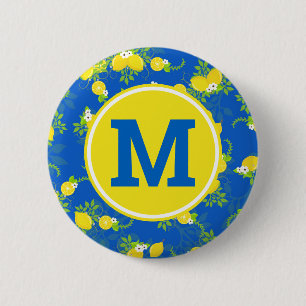 Zomerachtig Blauw en Geel Citroenen Bloemmotief Ronde Button 5,7 Cm