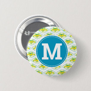 Zomerachtig Blauw en Geel Citroenen Bloempatroon Ronde Button 5,7 Cm