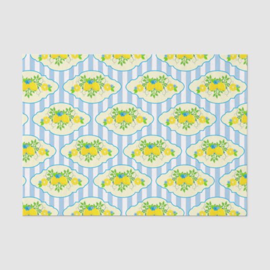 Zomerachtig blauw en geel citroenen bloempatroon  tissuepapier (Voorkant)