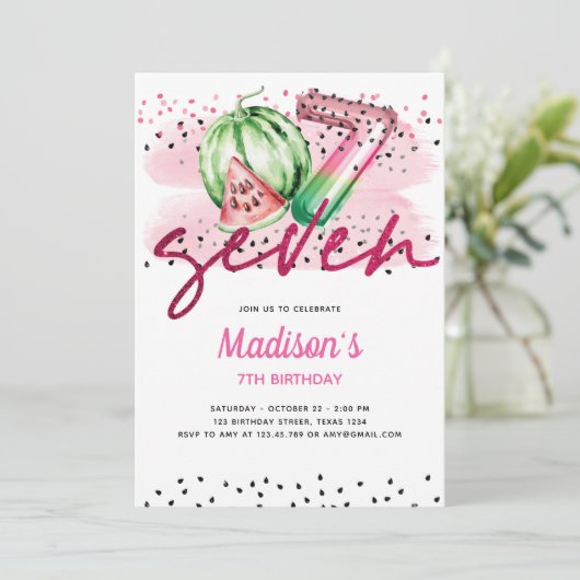 Zomerballon Brieven Melon 7e Verjaardag Kaart (Staand voorkant)