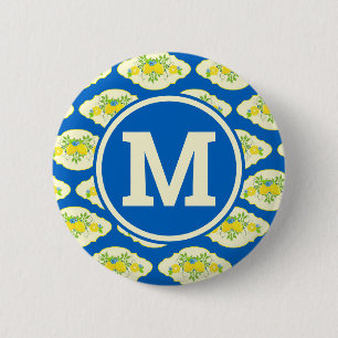 Zomerblauw en Geel Citroenen Bloempatroon Ronde Button 5,7 Cm